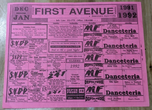 First Avenue Calendar for December 1990, January 1991